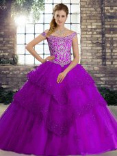 Adorable Sleeveless Beading and Lace Lace Up 15th Birthday Dress with Purple Brush Train