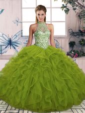 Floor Length Olive Green Quinceanera Gowns Tulle Sleeveless Beading and Ruffles