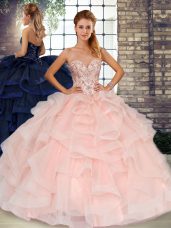 Fantastic Baby Pink Tulle Lace Up Sweetheart Sleeveless Floor Length 15th Birthday Dress Beading and Ruffles