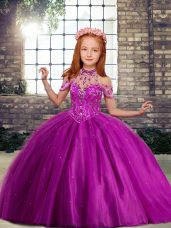 Gorgeous Ball Gowns Little Girls Pageant Dress Wholesale Fuchsia High-neck Tulle Sleeveless Floor Length Lace Up