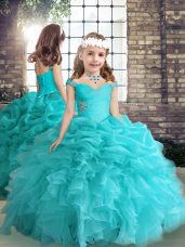 Inexpensive Beading and Ruffles Little Girls Pageant Dress Aqua Blue Side Zipper Sleeveless Floor Length
