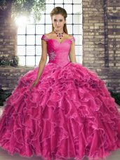 Luxurious Lace Up 15th Birthday Dress Fuchsia for Military Ball and Sweet 16 and Quinceanera with Beading and Ruffles Brush Train