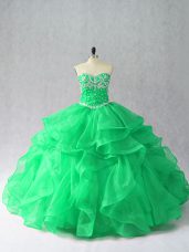 Green Ball Gowns Organza Sweetheart Sleeveless Beading and Ruffles Floor Length Lace Up Ball Gown Prom Dress