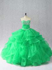 Green Ball Gowns Organza Sweetheart Sleeveless Beading and Ruffles Floor Length Lace Up Ball Gown Prom Dress