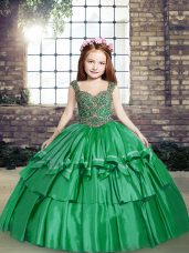 Straps Sleeveless Pageant Dress for Teens Floor Length Beading Green Taffeta