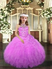 Custom Designed Lilac Tulle Lace Up Little Girls Pageant Gowns Sleeveless Floor Length Beading and Ruffles