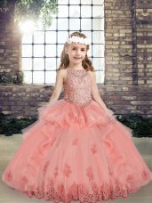 Inexpensive Sleeveless Lace Up Floor Length Beading and Appliques Kids Pageant Dress