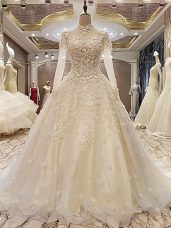 Smart White High-neck Neckline Appliques Wedding Dresses Long Sleeves Lace Up
