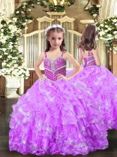 Superior Sleeveless Organza Floor Length Lace Up Child Pageant Dress in Lilac with Beading and Ruffles
