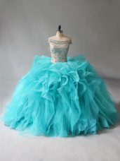 Aqua Blue Sleeveless Brush Train Beading and Ruffles Quinceanera Gown