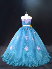 On Sale Aqua Blue Sleeveless Brush Train Appliques Sweet 16 Dresses