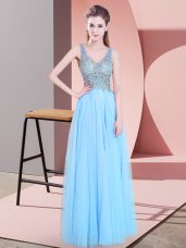 Baby Blue V-neck Zipper Beading Prom Evening Gown Sleeveless