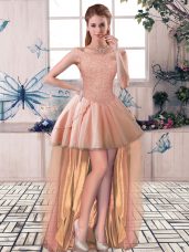 High Low Lace Up Cocktail Dresses Peach for Prom and Party with Beading