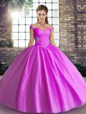 Dazzling Lilac Off The Shoulder Lace Up Beading Quinceanera Gown Sleeveless
