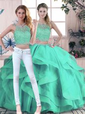 Turquoise Ball Gowns Tulle Scoop Sleeveless Beading and Ruffles Floor Length Zipper Ball Gown Prom Dress