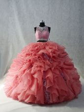 Fabulous Floor Length Zipper Quinceanera Dress Watermelon Red for Sweet 16 and Quinceanera with Beading Brush Train