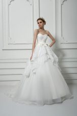 On Sale Sweetheart Sleeveless Wedding Gowns Brush Train Beading and Lace and Bowknot White Organza