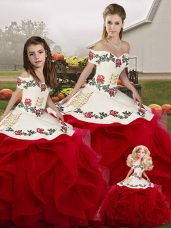 Embroidery and Ruffles Quinceanera Dresses White And Red Lace Up Sleeveless Floor Length