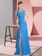New Style Blue Sleeveless Floor Length Lace and Appliques Zipper Prom Dresses