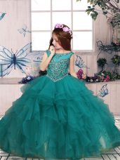 Turquoise Organza Zipper Pageant Dress Sleeveless Floor Length Beading and Ruffles