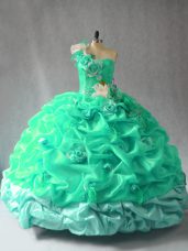 Turquoise Lace Up Ball Gown Prom Dress Pick Ups and Hand Made Flower Sleeveless Floor Length