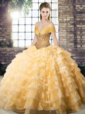 Off The Shoulder Sleeveless Organza 15 Quinceanera Dress Beading and Ruffled Layers Brush Train Lace Up