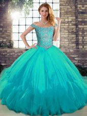 Popular Tulle Off The Shoulder Sleeveless Lace Up Beading and Ruffles Sweet 16 Dresses in Aqua Blue