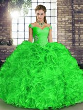 Vintage Organza Off The Shoulder Sleeveless Lace Up Beading and Ruffles Quince Ball Gowns in Green