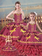 Cheap Floor Length Zipper Ball Gown Prom Dress Burgundy for Sweet 16 and Quinceanera with Embroidery and Ruffled Layers