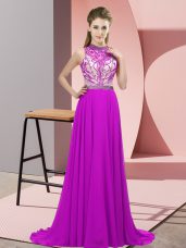 Gorgeous Fuchsia Dress for Prom Chiffon Brush Train Sleeveless Beading