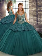 Tulle Sleeveless Floor Length Quinceanera Gown and Beading and Appliques