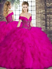 Designer Fuchsia Lace Up Off The Shoulder Beading and Ruffles Quinceanera Gowns Tulle Sleeveless