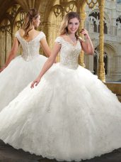 Cap Sleeves Zipper Floor Length Beading and Ruffles Bridal Gown