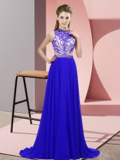 Blue Empire Chiffon Halter Top Sleeveless Beading Backless Evening Wear Brush Train