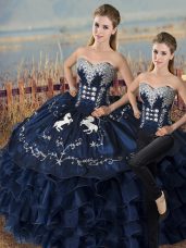 Super Navy Blue 15th Birthday Dress Sweet 16 and Quinceanera with Embroidery and Ruffles Sweetheart Sleeveless Lace Up