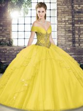 Cheap Sleeveless Floor Length Beading and Ruffles Lace Up Quinceanera Gown with Gold