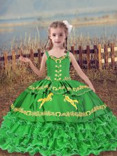 Green Little Girl Pageant Dress Wedding Party with Beading and Embroidery and Ruffled Layers Straps Sleeveless Lace Up