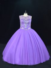 Classical Lavender Ball Gowns Scoop Sleeveless Tulle Floor Length Lace Up Beading Vestidos de Quinceanera
