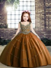 Sleeveless Tulle Floor Length Lace Up Glitz Pageant Dress in Brown with Beading