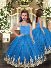 Affordable Embroidery Pageant Gowns For Girls Baby Blue Lace Up Sleeveless Floor Length