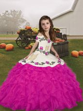 Straps Sleeveless Organza Kids Pageant Dress Embroidery and Ruffles Lace Up