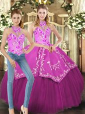 Eye-catching Fuchsia Halter Top Lace Up Embroidery Sweet 16 Dresses Sleeveless