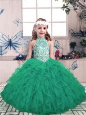 Excellent Green Sleeveless Beading and Ruffles Floor Length Pageant Gowns For Girls