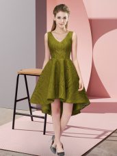 Olive Green A-line V-neck Sleeveless Lace High Low Zipper Lace Dama Dress for Quinceanera