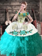 Custom Made Aqua Blue Ball Gowns Organza Off The Shoulder Sleeveless Embroidery Floor Length Lace Up Quince Ball Gowns