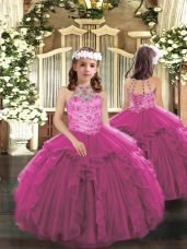 Custom Made Fuchsia Sleeveless Tulle Lace Up Pageant Gowns For Girls for Military Ball and Wedding Party