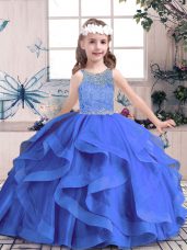Latest Scoop Sleeveless Pageant Dress for Girls Floor Length Beading and Ruffles Blue Tulle
