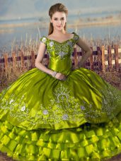Modest Satin and Organza Sleeveless Floor Length Quince Ball Gowns and Embroidery and Ruffled Layers