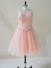 Superior Pink Scoop Neckline Beading Prom Dress Sleeveless Lace Up