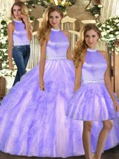 Lavender Tulle Backless Ball Gown Prom Dress Sleeveless Floor Length Beading and Ruffles